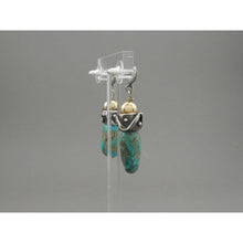 Load image into Gallery viewer, Vintage Handmade Southwestern Style Turquoise Dangle Earrings - Granulated Sterling Silver with Gold Filled Beads - USA Studio Jewelry - circa 2000