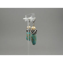 Load image into Gallery viewer, Vintage Handmade Southwestern Style Turquoise Dangle Earrings - Granulated Sterling Silver with Gold Filled Beads - USA Studio Jewelry - circa 2000