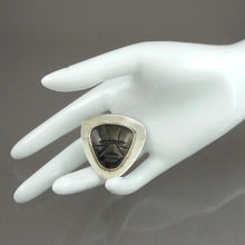Load image into Gallery viewer, Vintage Handmade Mid Century Mexican Obsidian and Sterling Silver* Mask Brooch - Convertible Necklace Pendant / Pin - Signed RVF Mexico - Hand Carved Gold Black Stone Modernist Design