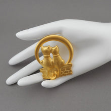 Load image into Gallery viewer, Vintage 1980s Jonette Jewelry Cat Couple Moon Brooch - Gold Tone, Signed JJ Designer Pin
