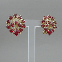 Load image into Gallery viewer, Vintage 1950s Red Rhinestone Clip On Earrings - Flower Basket Design, Gold Tone