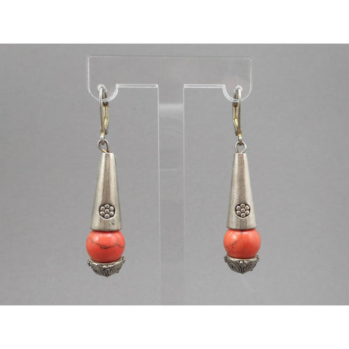 Vintage Handmade Moroccan Berber Coral Stone Silver Earrings - Wires for Pierced Ears - Handmade Ethnic, Tribal, Bedouin Jewelry