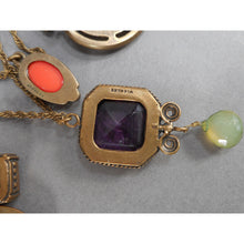Load image into Gallery viewer, Rare Vintage Extasia Victorian Revival Bib Collar Necklace - Pressed German Glass Intaglio and Cameo Stones - Charms, Bronze Chains and Turquoise Beads - Adjustable