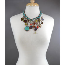 Load image into Gallery viewer, Rare Vintage Extasia Victorian Revival Bib Collar Necklace - Pressed German Glass Intaglio and Cameo Stones - Charms, Bronze Chains and Turquoise Beads - Adjustable
