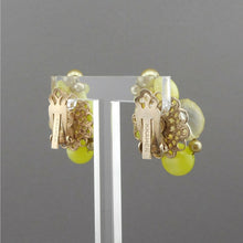 Load image into Gallery viewer, Vintage 1950s Signed Kramer Jewelry Set - Cuff Wrap Bracelet and Clip On Cluster Earrings - Chartreuse Yellow Green Acrylic Beads