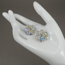 Load image into Gallery viewer, Vintage 1950s Iridescent Glass Cluster Clip On Earrings - AB Aurora Borealis Crystal Beads - Daisy Flower Design