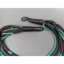 Load image into Gallery viewer, Vintage Gerda Lynggaard Monies, Denmark Multi Strand Necklace - Danish Artisan Jewelry - Carved Horn Clasp, Brown and Turquoise Coconut Beads, Stamped Brass Cones - circa 1970/1980