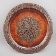 Load image into Gallery viewer, 2 Vintage Polish Folk Art Hand Carved Wood Plates with Inlaid Brass Metal - Flower Designs - Made in Poland