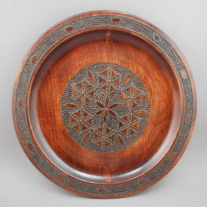 2 Vintage Polish Folk Art Hand Carved Wood Plates with Inlaid Brass Metal - Flower Designs - Made in Poland