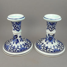 Load image into Gallery viewer, Pristine Pair of Vintage Boch Delfts Candlesticks - Belgian or Dutch - White Porcelain, Blue Flowers, Pale Green Glaze - Set of 2