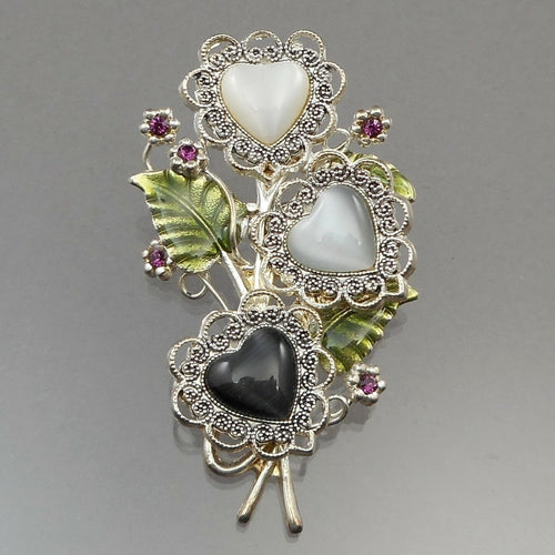 Excellent Vtg Kenneth Cole KC Heart and Flower Brooch - Silver, Black and White Faux Moonstone, Enamel Leaf, Purple Rhinestone Pin - Signed Designer Jewelry