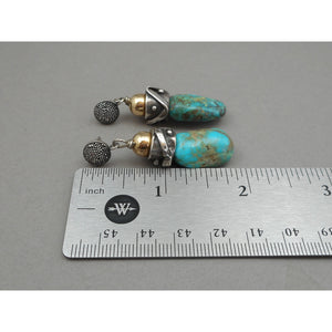 Vintage Handmade Southwestern Style Turquoise Dangle Earrings - Granulated Sterling Silver with Gold Filled Beads - USA Studio Jewelry - circa 2000