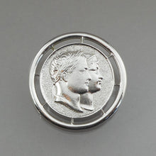 Load image into Gallery viewer, Vintage Monet Napoleon and Josephine Brooch - Silver Tone French Coin Replica - Circa 1970 - Signed Designer Pin - Estate Jewelry Collection