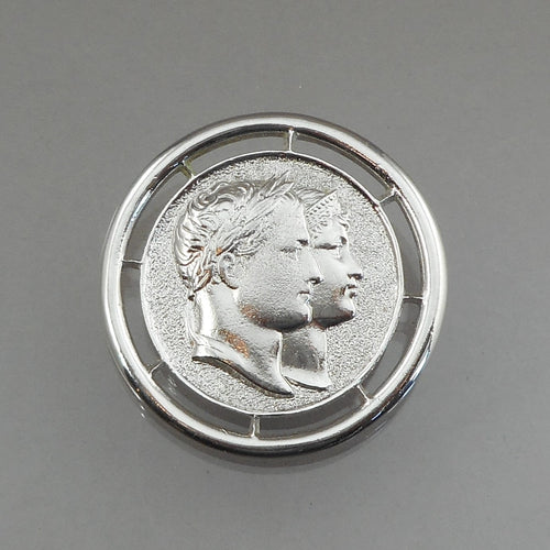 Vintage Monet Napoleon and Josephine Brooch - Silver Tone French Coin Replica - Circa 1970 - Signed Designer Pin - Estate Jewelry Collection