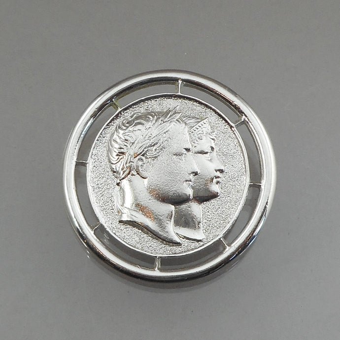 Vintage Monet Napoleon and Josephine Brooch - Silver Tone French Coin Replica - Circa 1970 - Signed Designer Pin - Estate Jewelry Collection