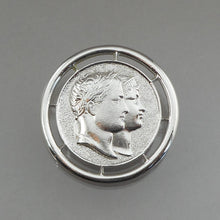 Load image into Gallery viewer, Vintage Monet Napoleon and Josephine Brooch - Silver Tone French Coin Replica - Circa 1970 - Signed Designer Pin - Estate Jewelry Collection