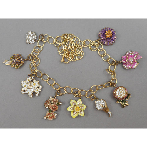 9 Vintage Nolan Miller Jewelry Flower of the Month Bracelet Charms - Gold Plated Sterling Silver Necklace Chain - 9 Different, Removable, Rearrangeable Multicolor Enamel Flowers with Crystals / Rhinestones