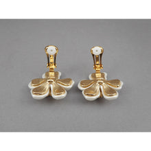 Load image into Gallery viewer, Vintage Kenneth J Lane KJL Earrings - White Faux Mother of Pearl Plastic Flowers with Crystals - Gold Tone Clip On