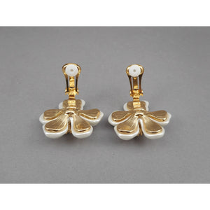 Vintage Kenneth J Lane KJL Earrings - White Faux Mother of Pearl Plastic Flowers with Crystals - Gold Tone Clip On