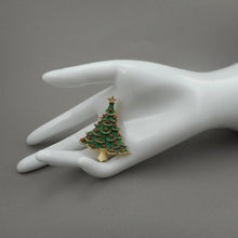 Load image into Gallery viewer, Excellent Vintage Christmas Tree Brooch Lapel Pin - Gold Tone, Green Enamel, Red Ornaments, Rhinestone Star