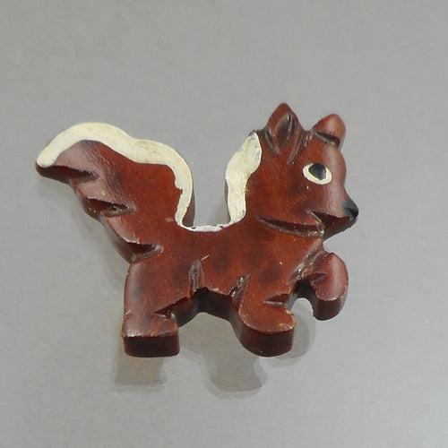 Vintage Handmade Skunk Brooch Lapel Pin - Hand Carved and Painted Wood - Folk Art Jewelry