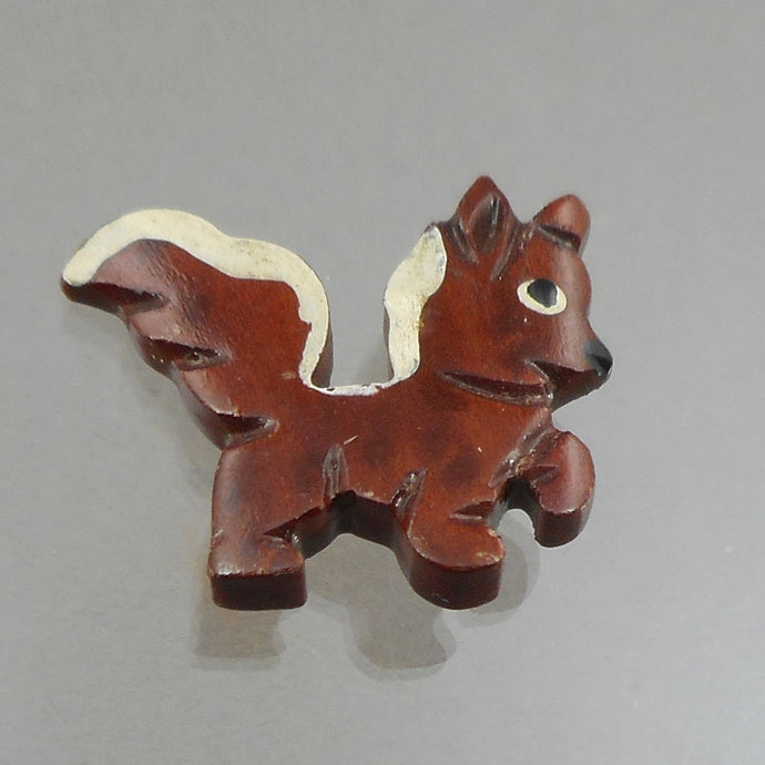 Vintage Handmade Skunk Brooch Lapel Pin - Hand Carved and Painted Wood - Folk Art Jewelry