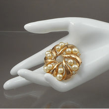 Load image into Gallery viewer, Excellent Vintage 1954 Signed Crown Trifari Brooch Pin - Trade Winds Jewelry Collection by Alfred Philippe - "Trifanium" Gold Tone, Rhinestones, Faux Pearls