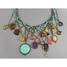 Load image into Gallery viewer, Rare Vintage Extasia Victorian Revival Bib Collar Necklace - Pressed German Glass Intaglio and Cameo Stones - Charms, Bronze Chains and Turquoise Beads - Adjustable
