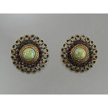 Load image into Gallery viewer, Vintage 1950s HAR Hargo Clip On Earrings - Faux Turquoise and Garnet Stones - Gold Tone, Green Glass Cabochons, Red Rhinestones - Signed Designer Estate Costume Jewelry