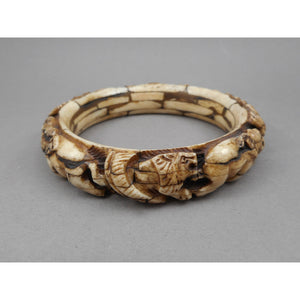 Vintage Carved Layered Cow Bone Bracelet - Elephant and Lion Figures - Handmade Bangle