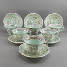 Load image into Gallery viewer, 6 Vtg Old Mark Adams Calyx Ware Singapore Bird Pattern Cup and Saucer Sets - Circa 1930 English Ironstone - Pale Blue Green with Pink Flowers - Made in England