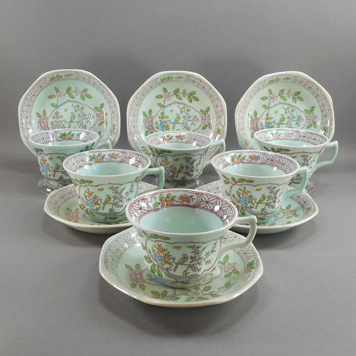 6 Vtg Old Mark Adams Calyx Ware Singapore Bird Pattern Cup and Saucer Sets - Circa 1930 English Ironstone - Pale Blue Green with Pink Flowers - Made in England