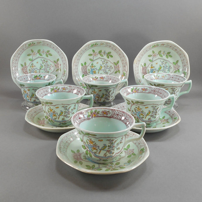 6 Vtg Old Mark Adams Calyx Ware Singapore Bird Pattern Cup and Saucer Sets - Circa 1930 English Ironstone - Pale Blue Green with Pink Flowers - Made in England