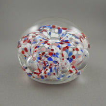 Load image into Gallery viewer, Vintage circa 1975 John Gentile Art Glass Paperweight - Eagle and Shield Pontil Stamp Mark - Red White and Blue Flower - Made in USA - Star City, Morgantown, WV