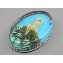 Load image into Gallery viewer, Vintage Glass Paperweight - Louis Icart Print - " Le Coquillage " (Song of the Sea), circa 1930 - Art Deco Era - Nude Wearing Hat on Beach with Seashell