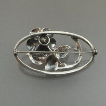 Load image into Gallery viewer, Vintage Victorian Revival Style Repousse Sterling Silver Rose Flower Brooch Oval Lapel Pin