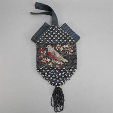 Load image into Gallery viewer, Antique Victorian Micro Bead Wristlet Purse with Beaded Tassel - Pleated Black Satin - Dove Bird Design - Black, Silver, Red