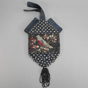 Antique Victorian Micro Bead Wristlet Purse with Beaded Tassel - Pleated Black Satin - Dove Bird Design - Black, Silver, Red