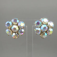 Load image into Gallery viewer, Vintage 1950s Iridescent  Rhinestone Cluster Clip On Earrings - AB Aurora Borealis Crystals, Gold Tone  - Daisy Flower Design