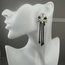 Load image into Gallery viewer, Vintage French Jet Chandelier Dangle Earrings Faux Pearl Black Glass Rhinestones