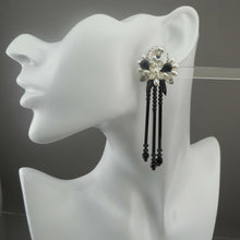 Load image into Gallery viewer, Vintage French Jet Chandelier Dangle Earrings Faux Pearl Black Glass Rhinestones