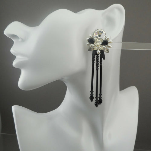 Vintage French Jet Chandelier Dangle Earrings Faux Pearl Black Glass Rhinestones