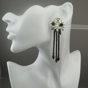 Vintage French Jet Chandelier Dangle Earrings Faux Pearl Black Glass Rhinestones