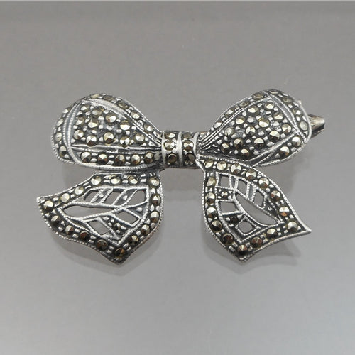Vintage Victorian Revival Sterling Silver and Marcasite Brooch Bow Ribbon Pin