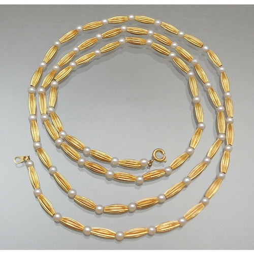 Excellent Vintage Station Layering Necklace - Brushed Gold Tone and Faux Pearl Beads Strung on Chain - Estate Jewelry Collection