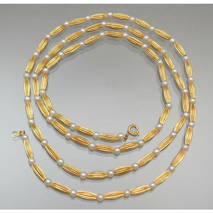Excellent Vintage Station Layering Necklace - Brushed Gold Tone and Faux Pearl Beads Strung on Chain - Estate Jewelry Collection