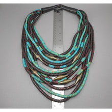 Load image into Gallery viewer, Vintage Gerda Lynggaard Monies, Denmark Multi Strand Necklace - Danish Artisan Jewelry - Carved Horn Clasp, Brown and Turquoise Coconut Beads, Stamped Brass Cones - circa 1970/1980