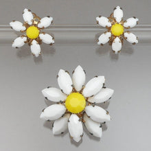 Load image into Gallery viewer, Vintage 1950s Glass Daisy Jewelry Set - Flower Design, Clip On Earrings and Brooch Pin - Yellow, White, Gold Tone - Mid Century Estate Costume Jewelry Collection