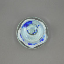 Load image into Gallery viewer, Large 5" Vintage circa 1970 Joe St. Claire Art Glass Bell Paperweight - White with Blue Lilies Flowers - Made in USA