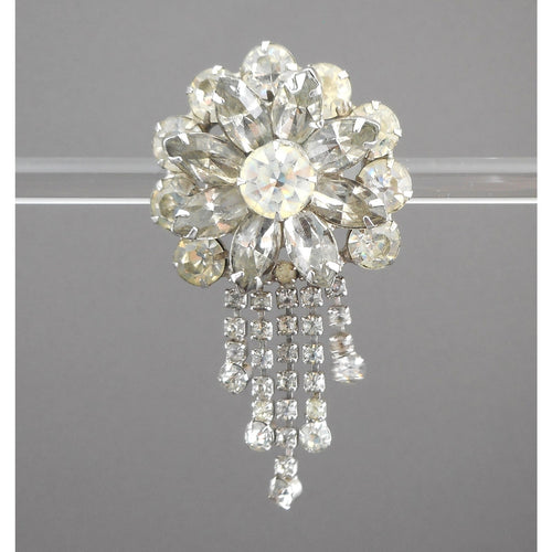 Large Vintage 1950s Rhinestone Dangle Brooch / Pendant - Flower Pin with Chain Fringe - Silver Tone, Clear Round and Marquise Stones